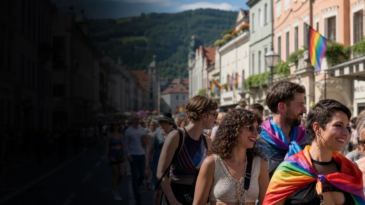 AI-generated editorial Pride scene in a Bavarian old town; non-documentary
