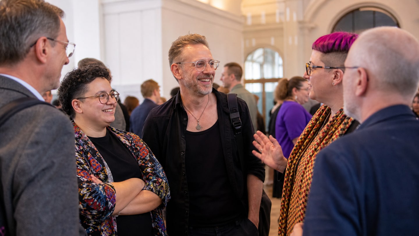 AI-generated editorial scene for Bavarian anti-discrimination conference; not a photograph of the event