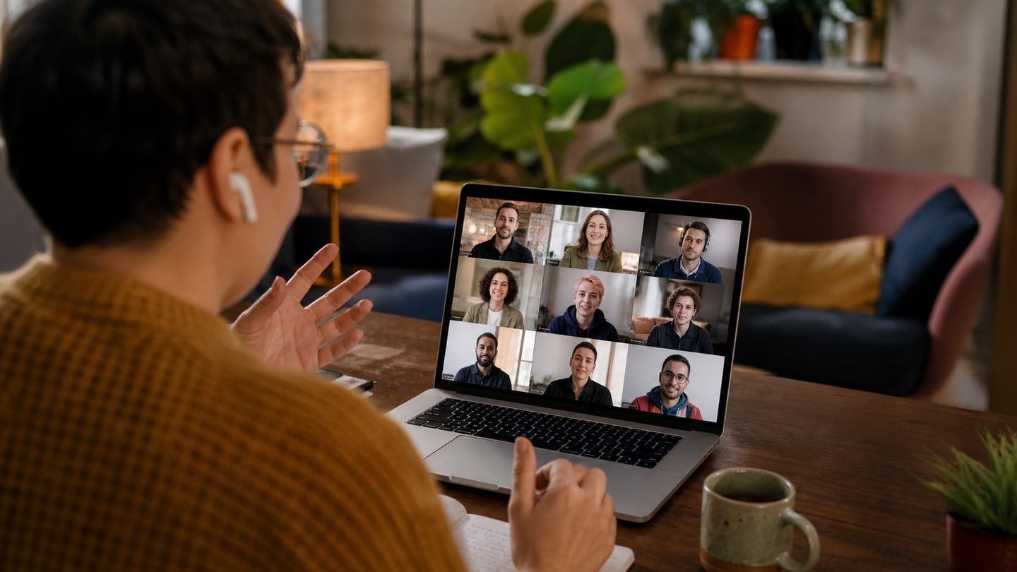 AI-generated editorial scene for Online training: Refuge and queer lives; not a photograph of the event