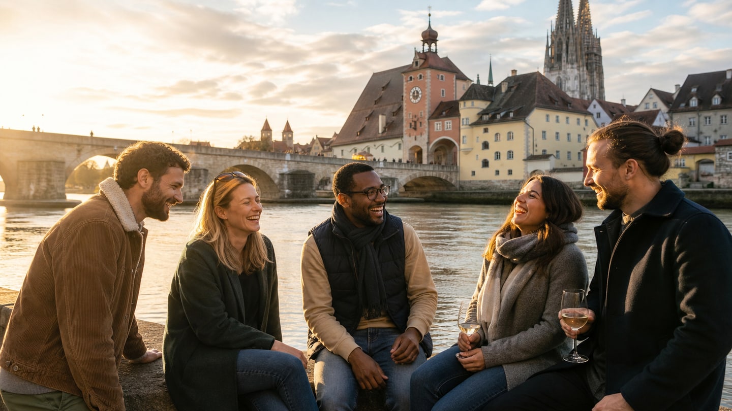 AI-generated editorial scene for Queer Regensburg: meet-ups, university life and Pride
