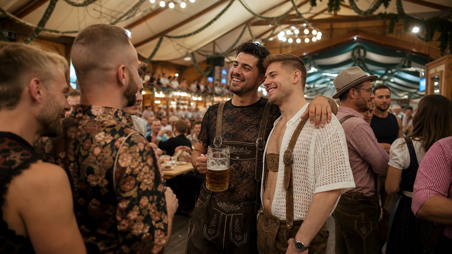 AI-generated editorial scene for Queer Oktoberfest finale 2026; not a photograph of the event