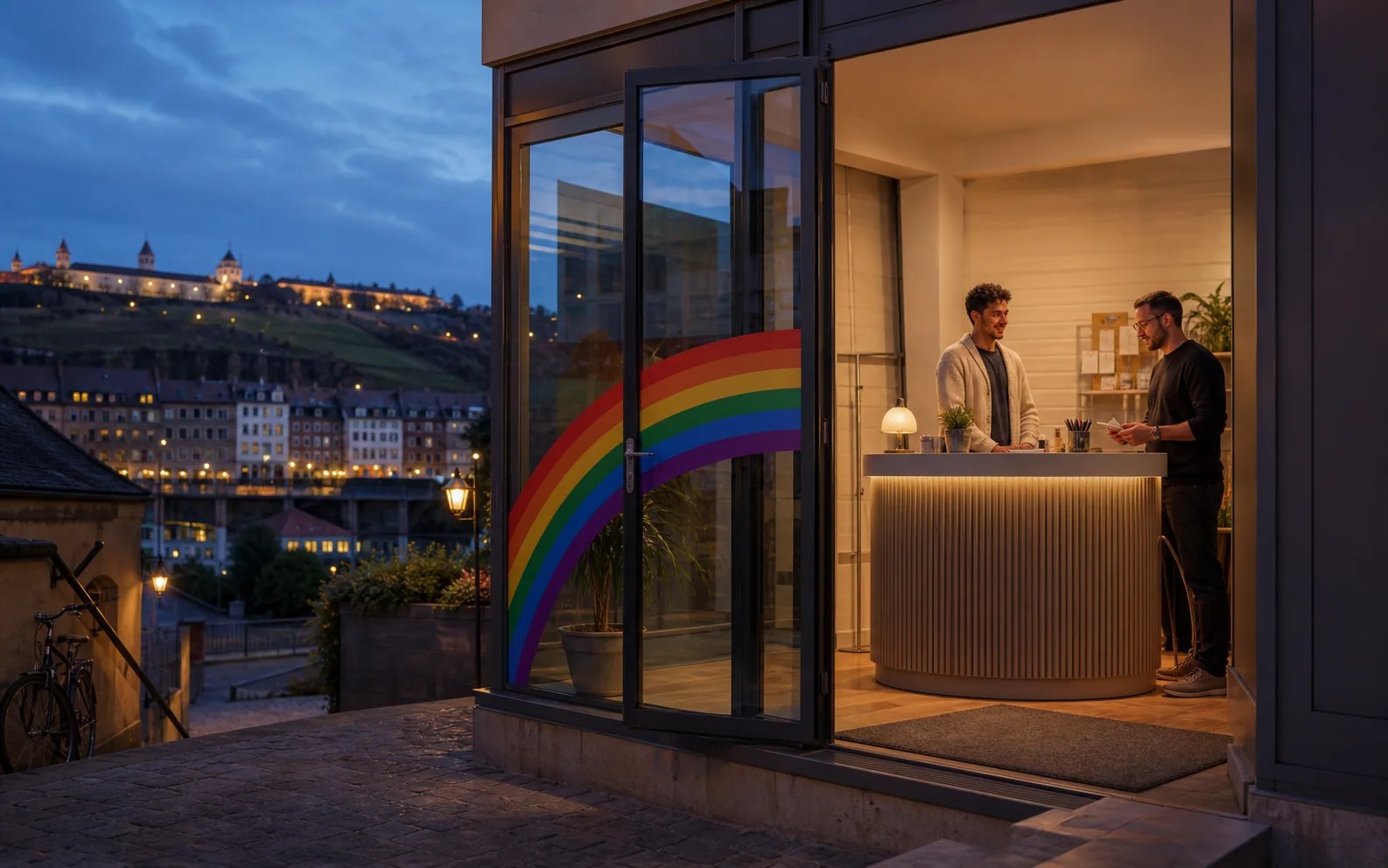 AI-generated editorial scene for HIV and STI testing in Würzburg; not a photograph of the event