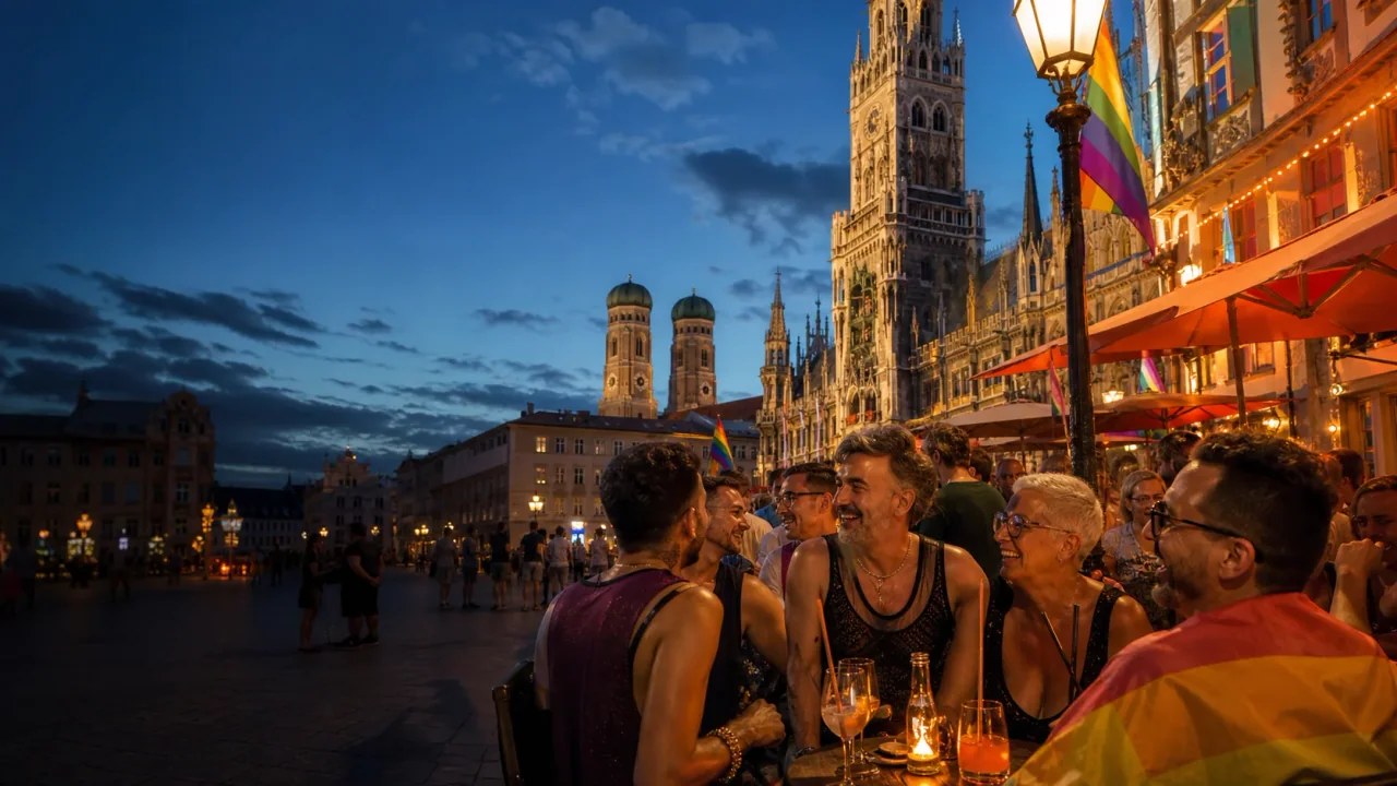 AI-generated editorial scene of a queer community in Munich at night; non-documentary