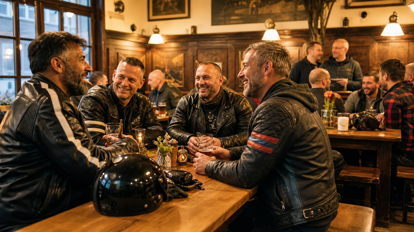 AI-generated editorial scene for IsarBiker meet-up; not a photograph of the event