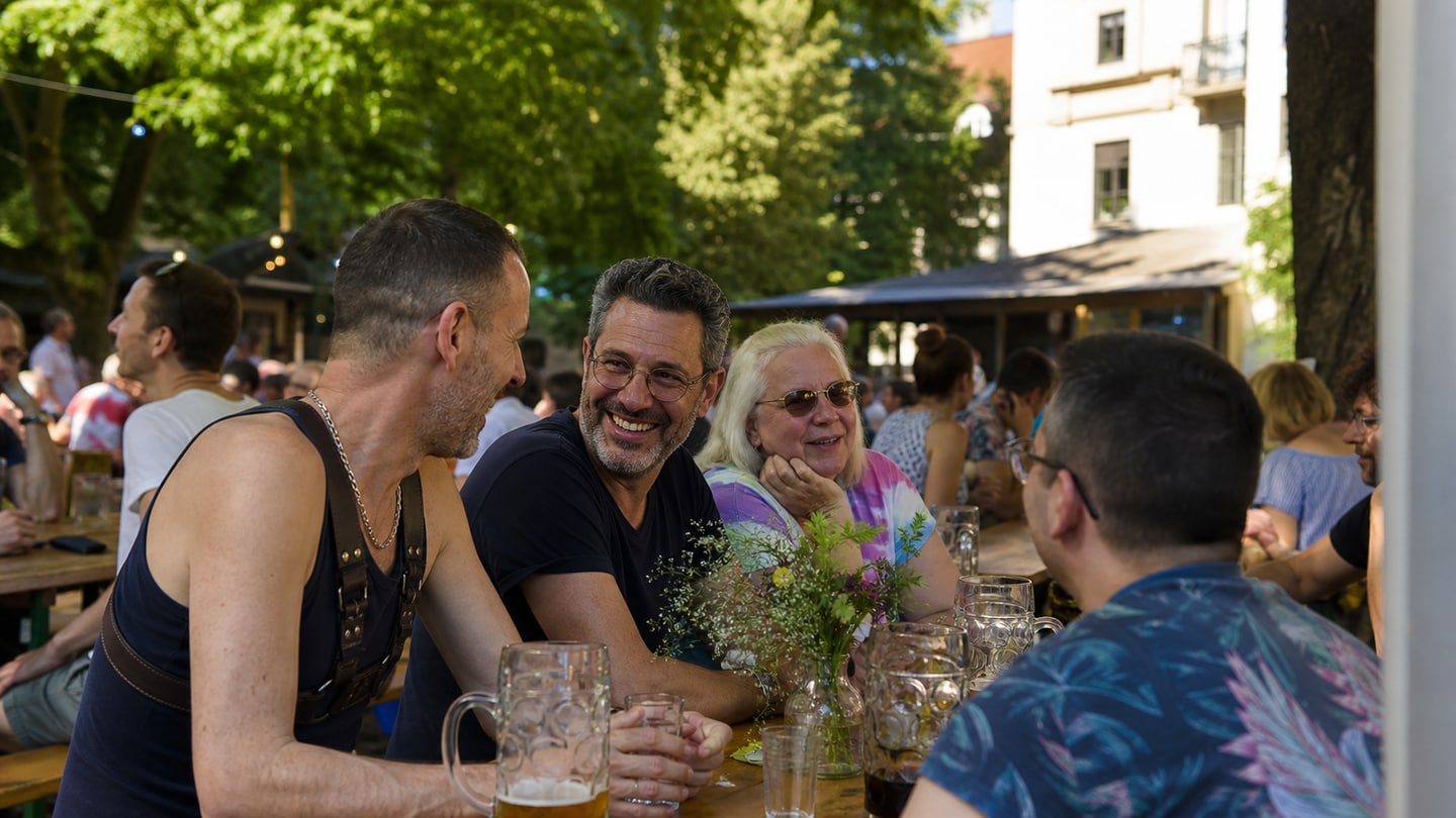 AI-generated editorial scene for MLC beer-garden evening at Bavariapark; not a photograph of the event