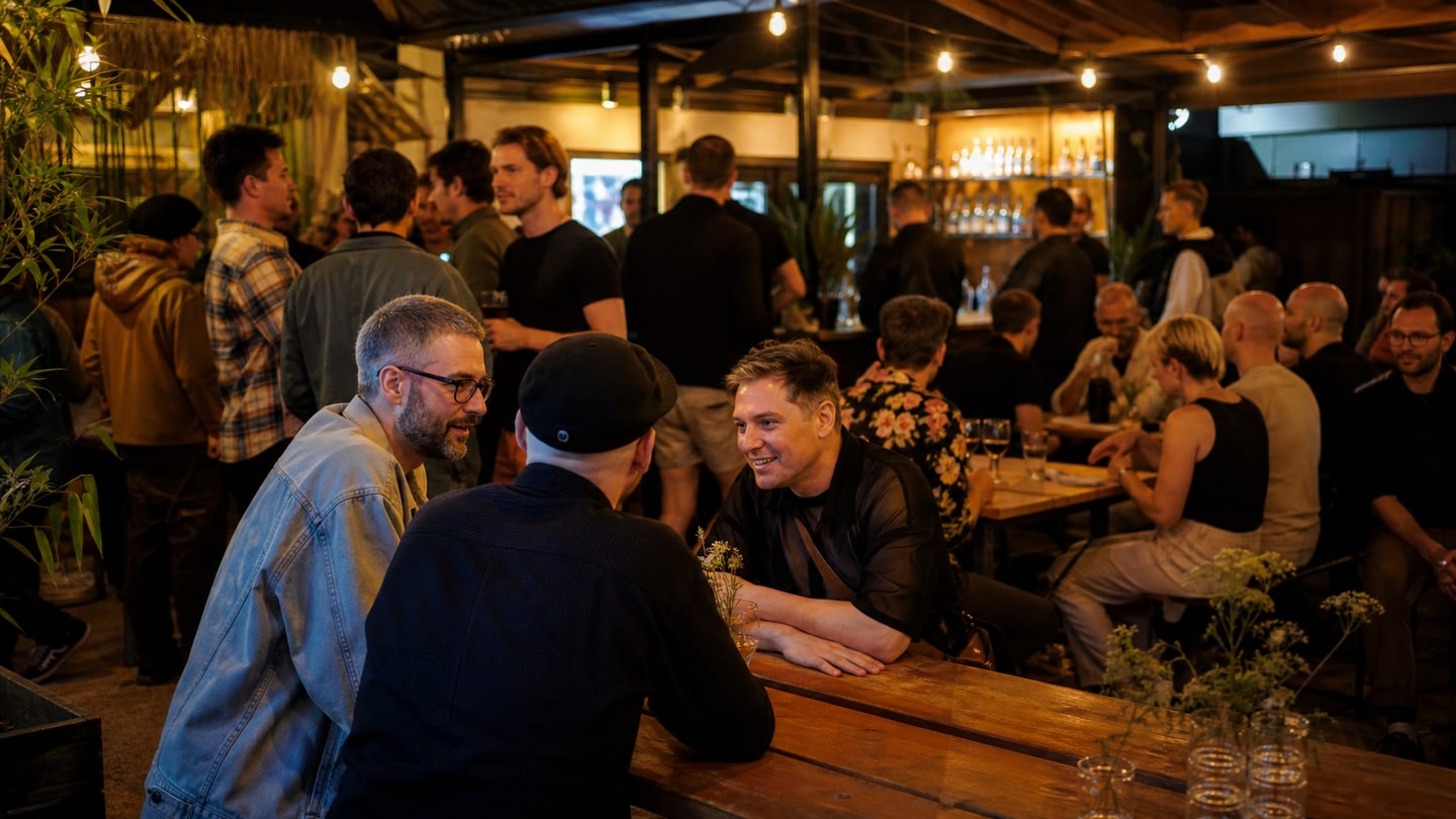 AI-generated editorial scene for MLC social evening at CAMP; not a photograph of the event