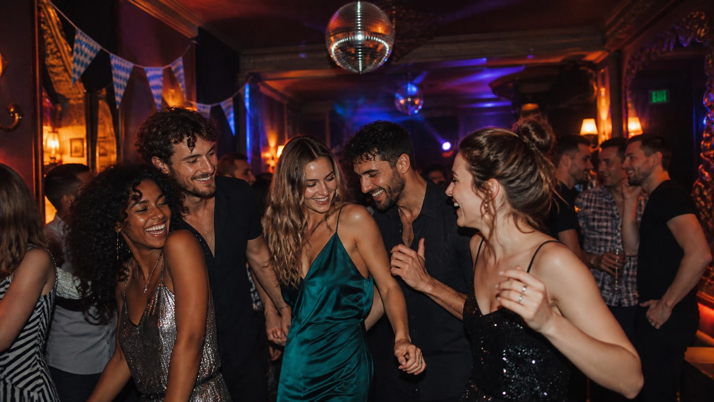 AI-generated editorial scene for Fetish Schlager Party; not a photograph of the event