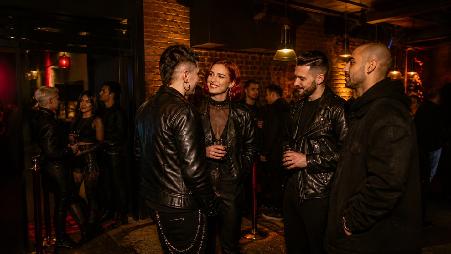 AI-generated editorial scene for MLC Leather Night; not a photograph of the event