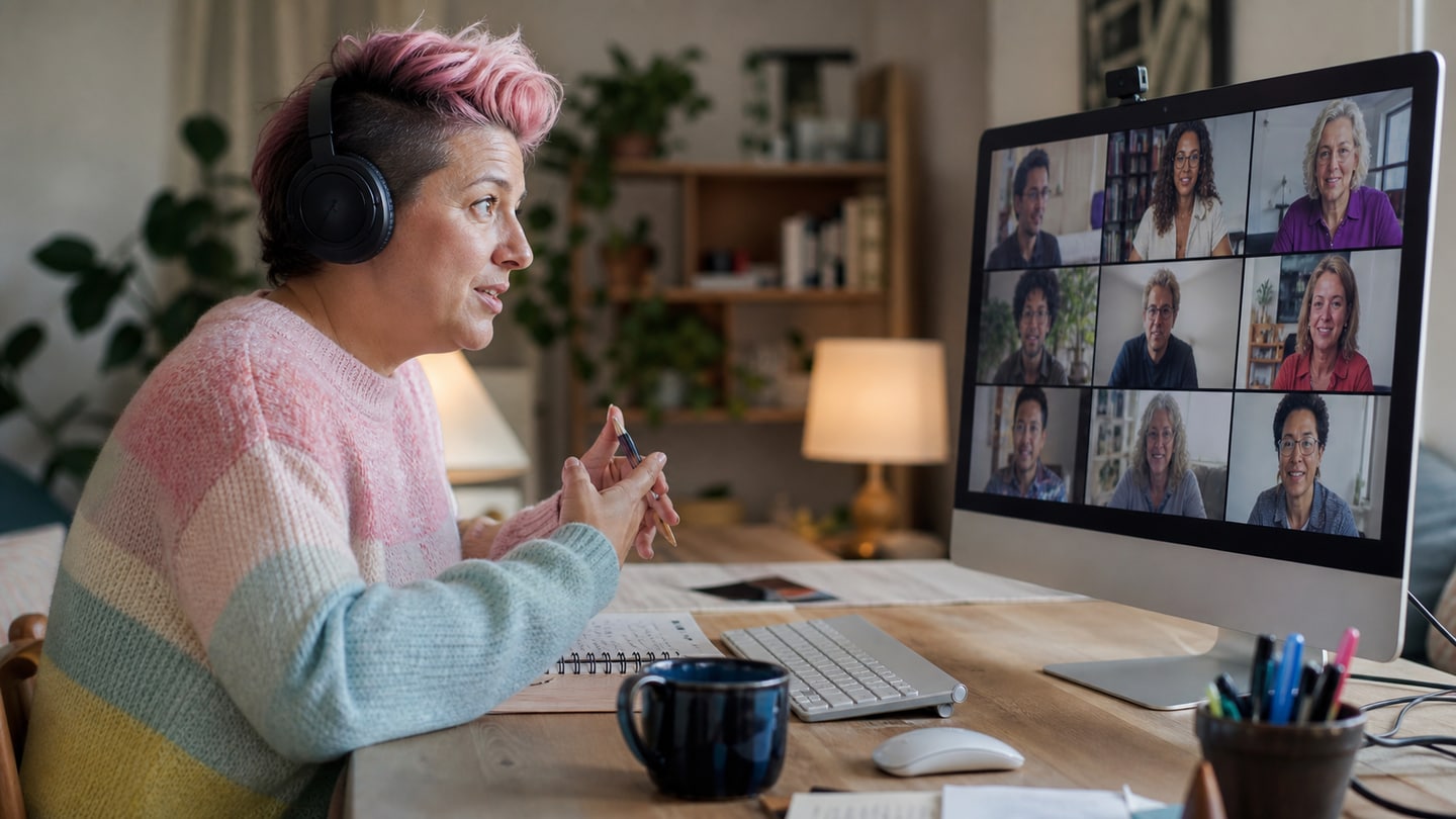 AI-generated editorial scene for Online training: LGBTQIA+ people in later life; not a photograph of the event