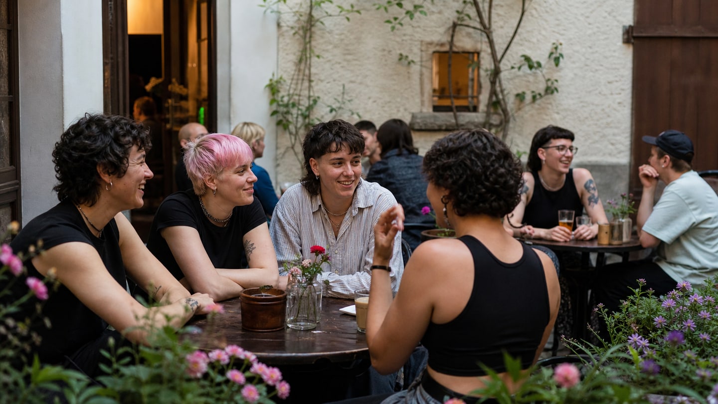 AI-generated editorial scene for Queer Café Günzburg; not a photograph of the event
