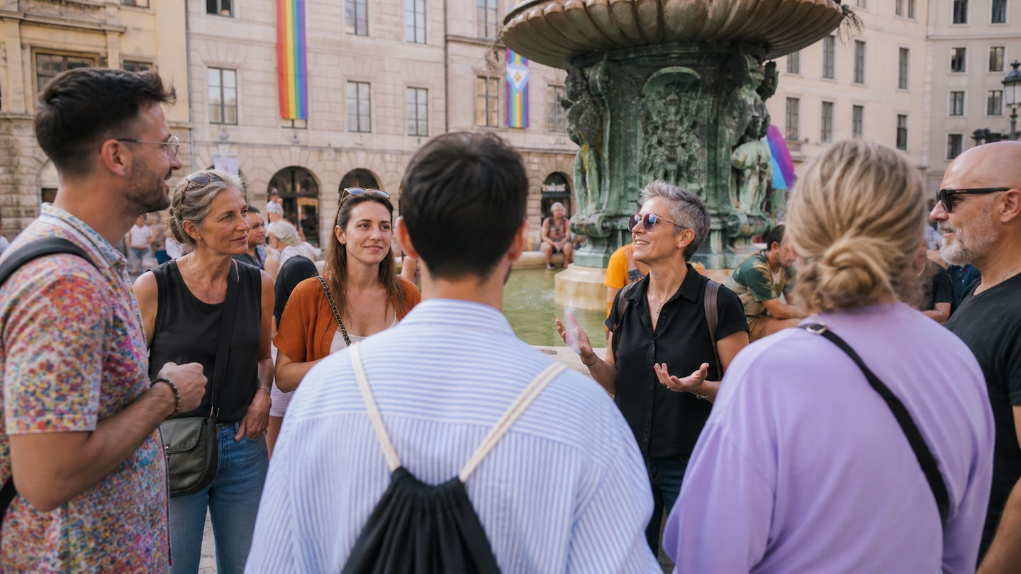 AI-generated editorial scene for Walking tour: Munich's queer history; not a photograph of the event