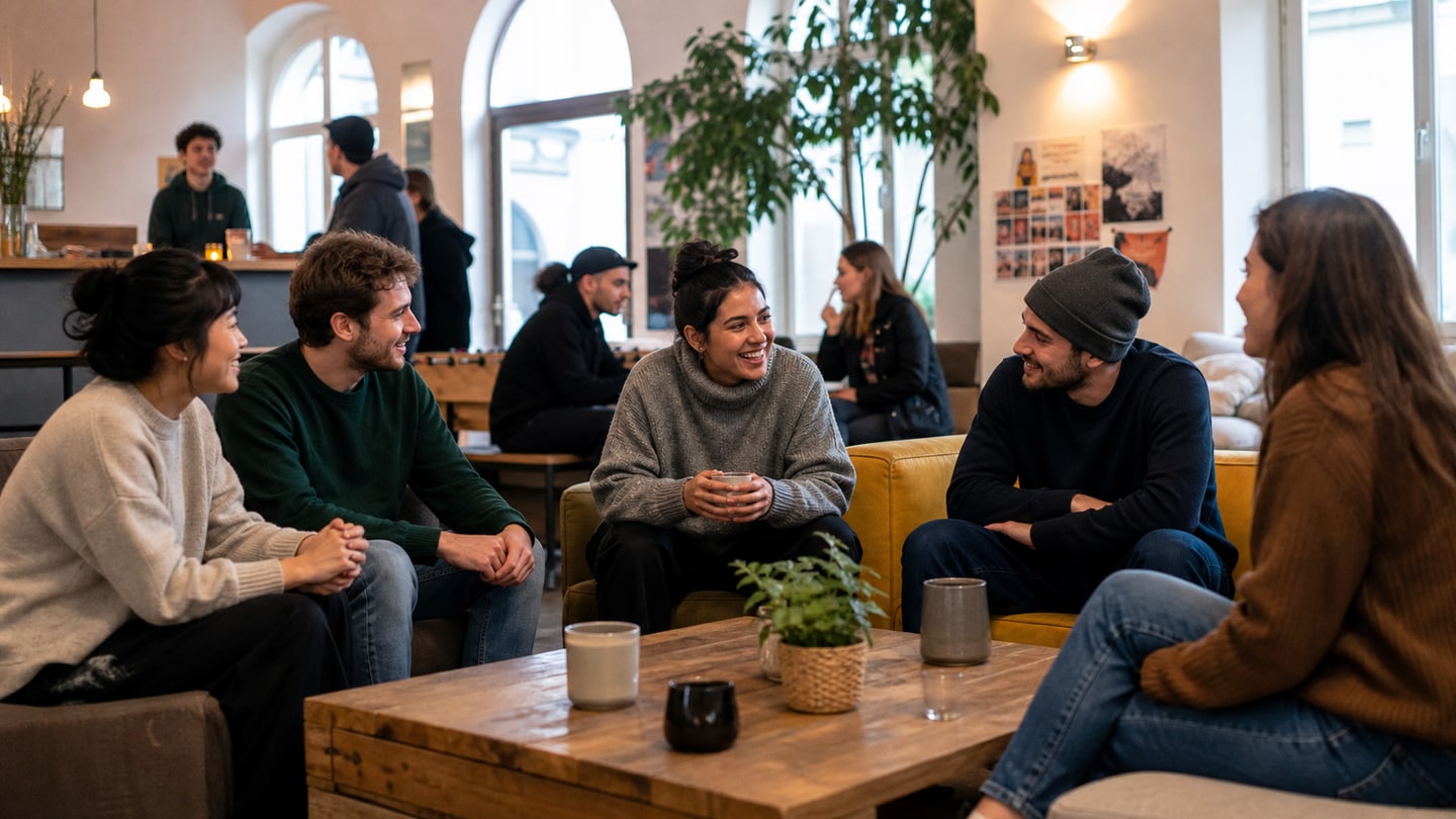 AI-generated editorial scene for Queer youth meet-up in Obernburg; not a photograph of the event