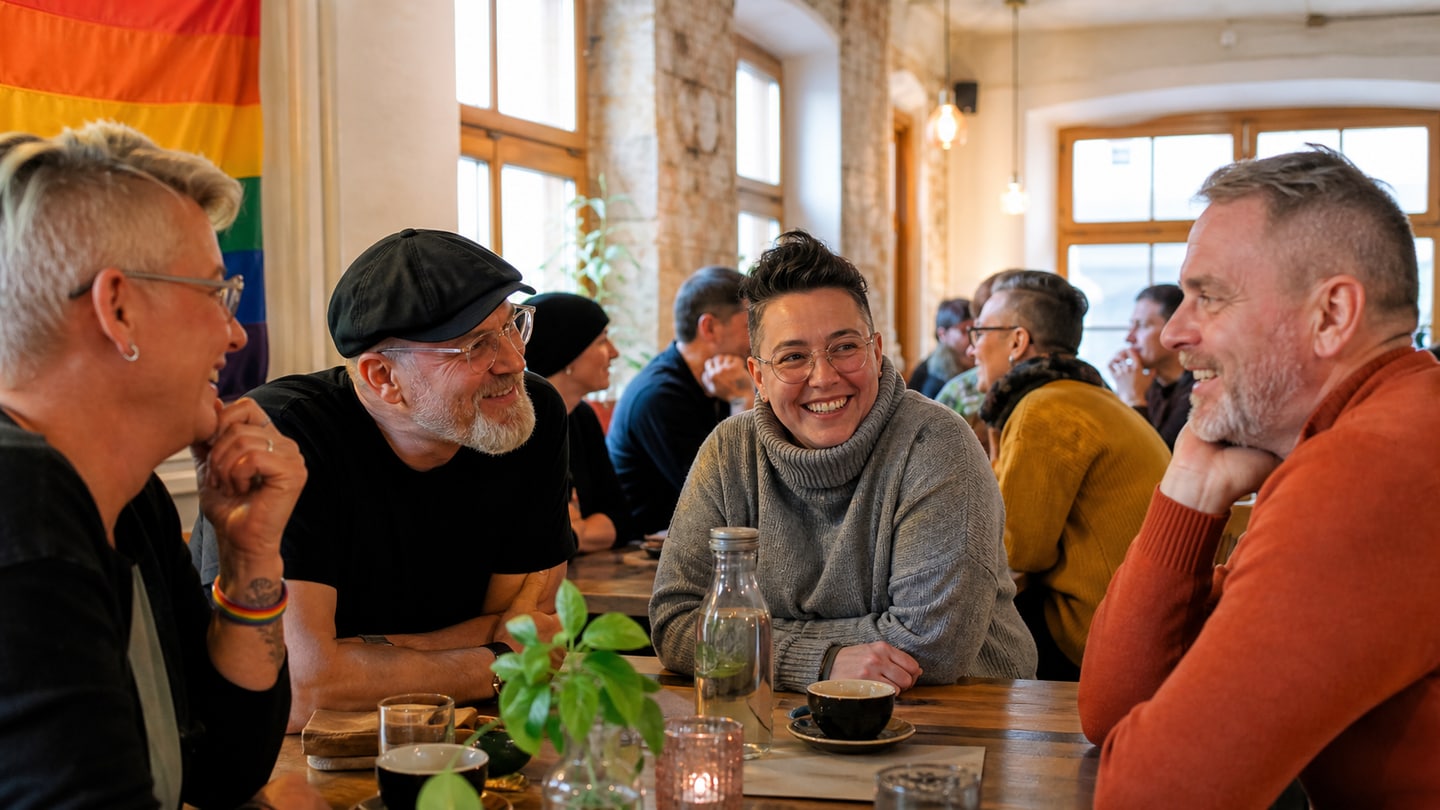 AI-generated editorial scene for Rainbow Café at Altstadthaus Kempten; not a photograph of the event