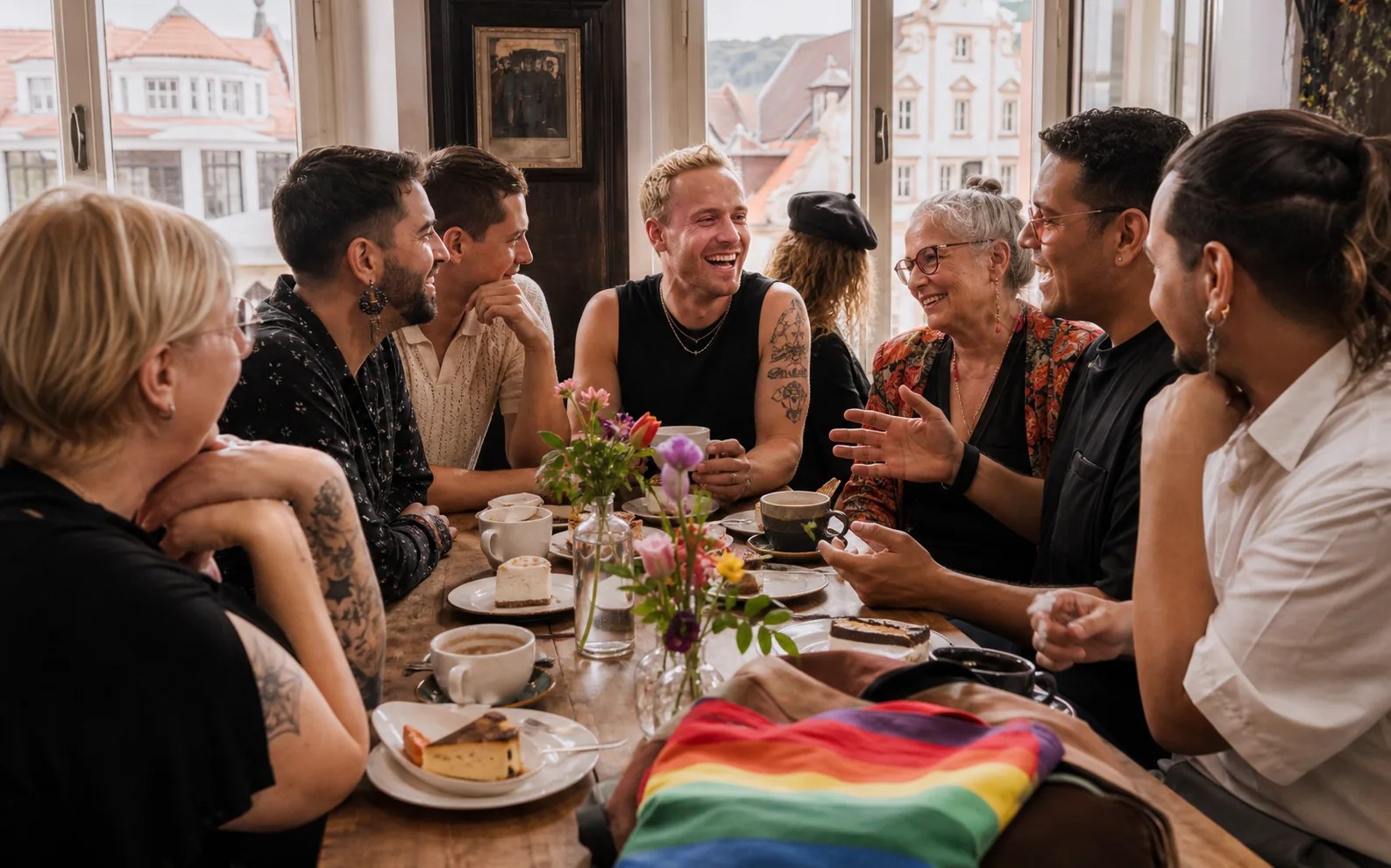 AI-generated editorial scene for Rainbow Café Kaufbeuren; not a photograph of the event