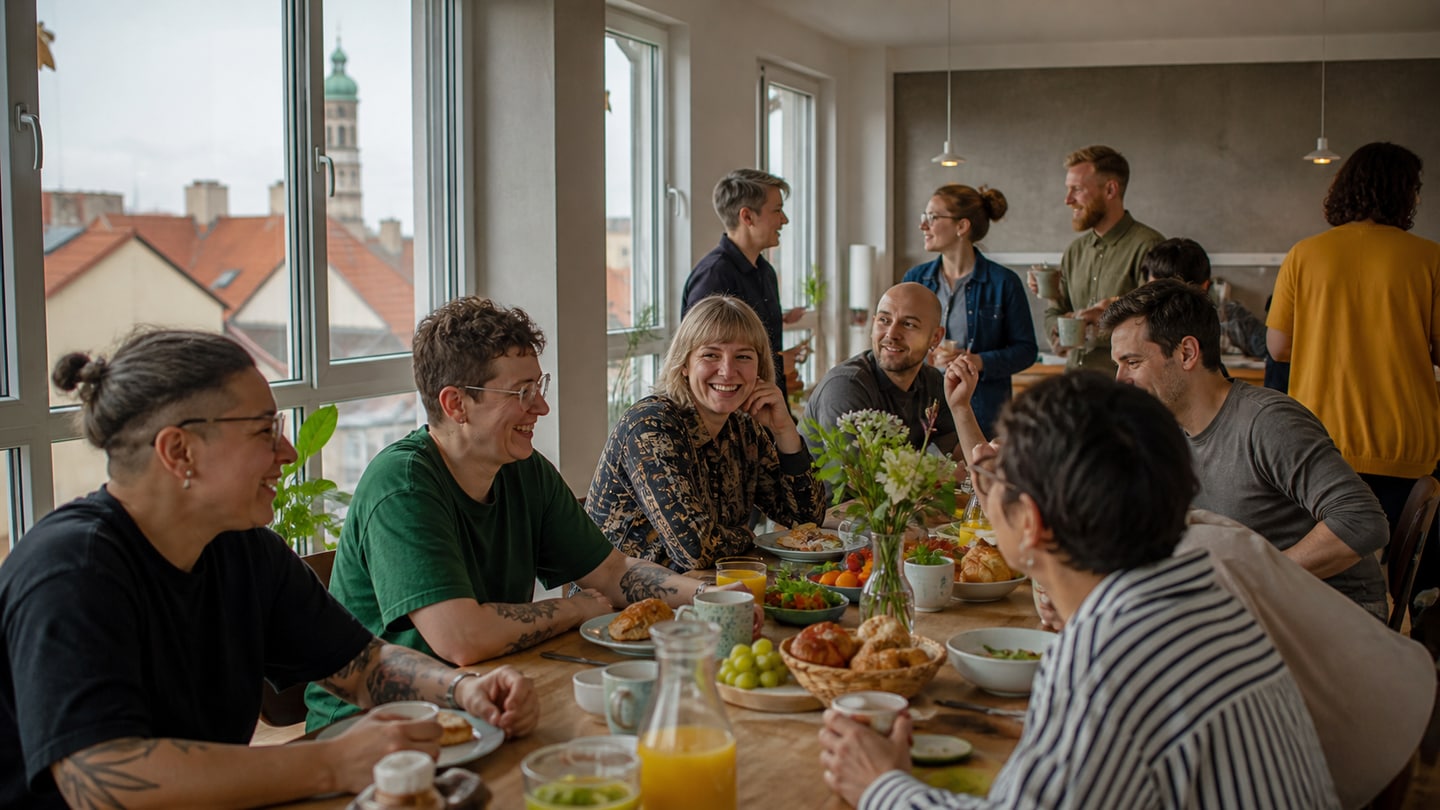 AI-generated editorial scene for Rainbow breakfast for foster and adoptive families; not a photograph of the event