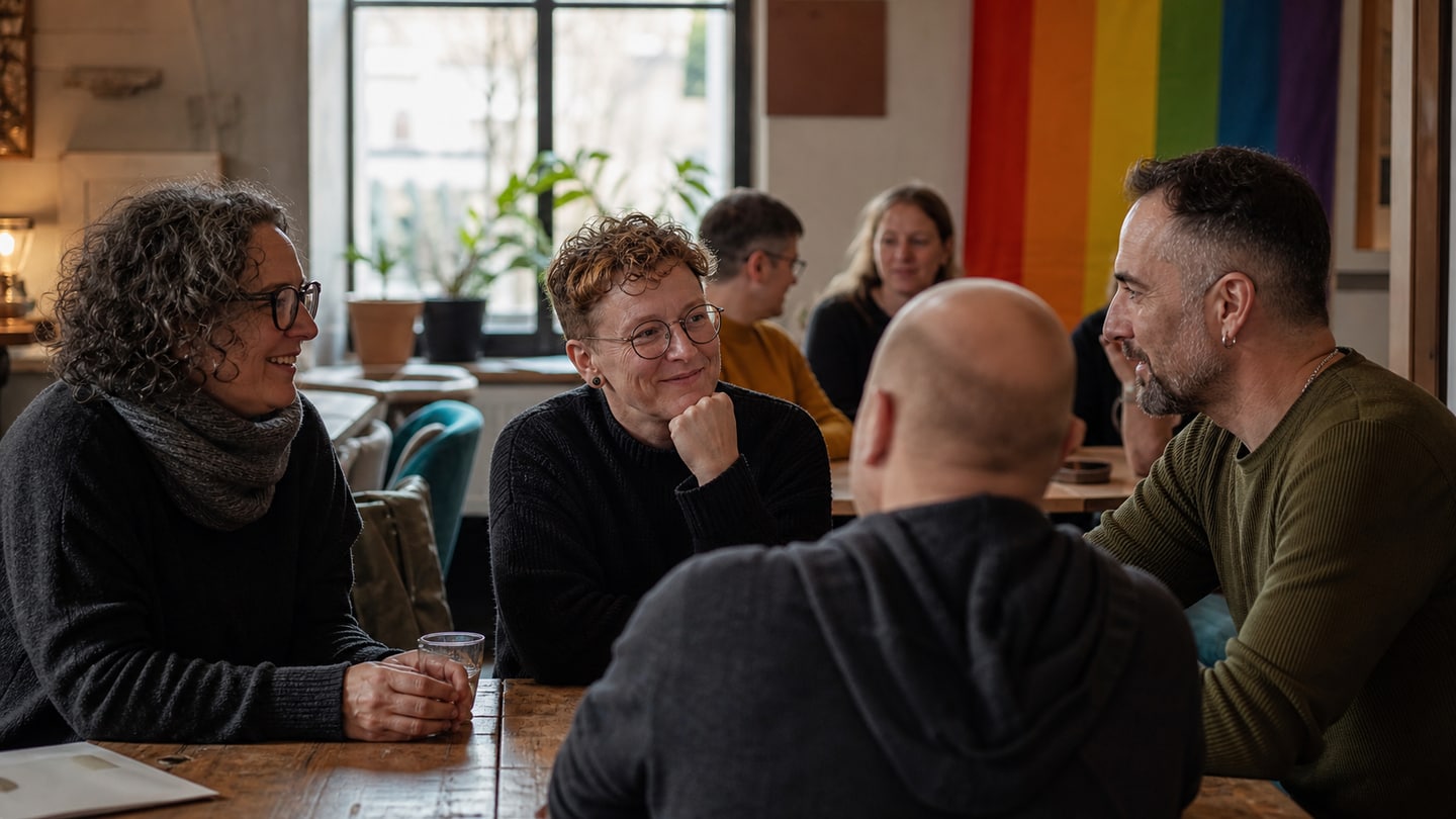 AI-generated editorial scene for Queer round table in Landshut; not a photograph of the event