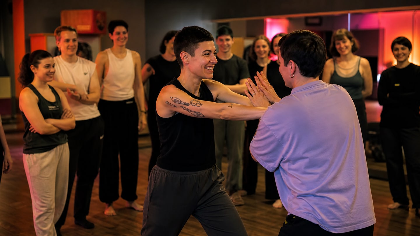 AI-generated editorial scene for Self-defence for FLINTA* people working in nightlife; not a photograph of the event