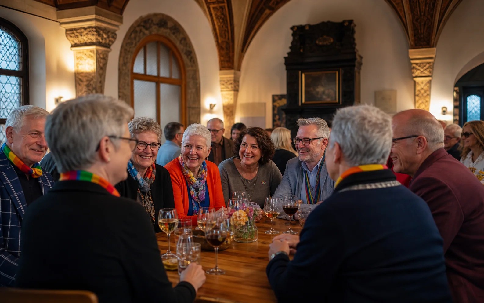 AI-generated editorial scene for Augsburg over-50s meet-up at Zeughaus; not a photograph of the event