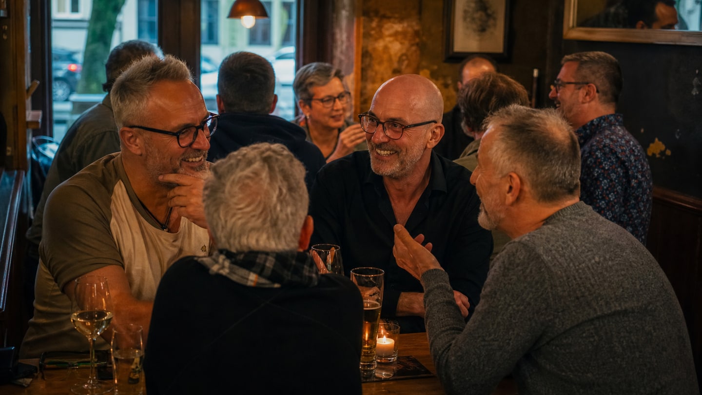 AI-generated editorial scene for Over-50s meet-up in Augsburg; not a photograph of the event