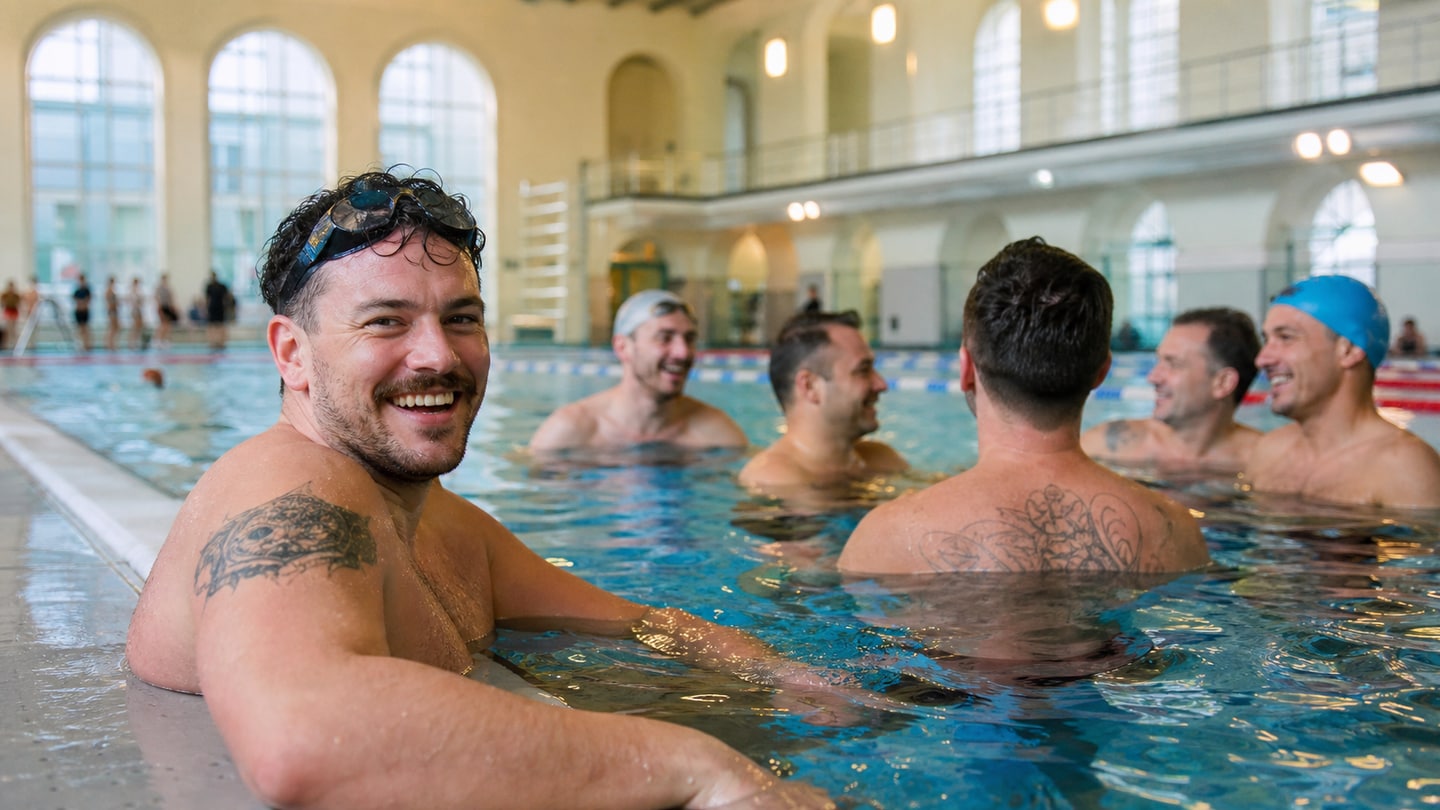 AI-generated editorial scene for TIN swimming in Munich; not a photograph of the event