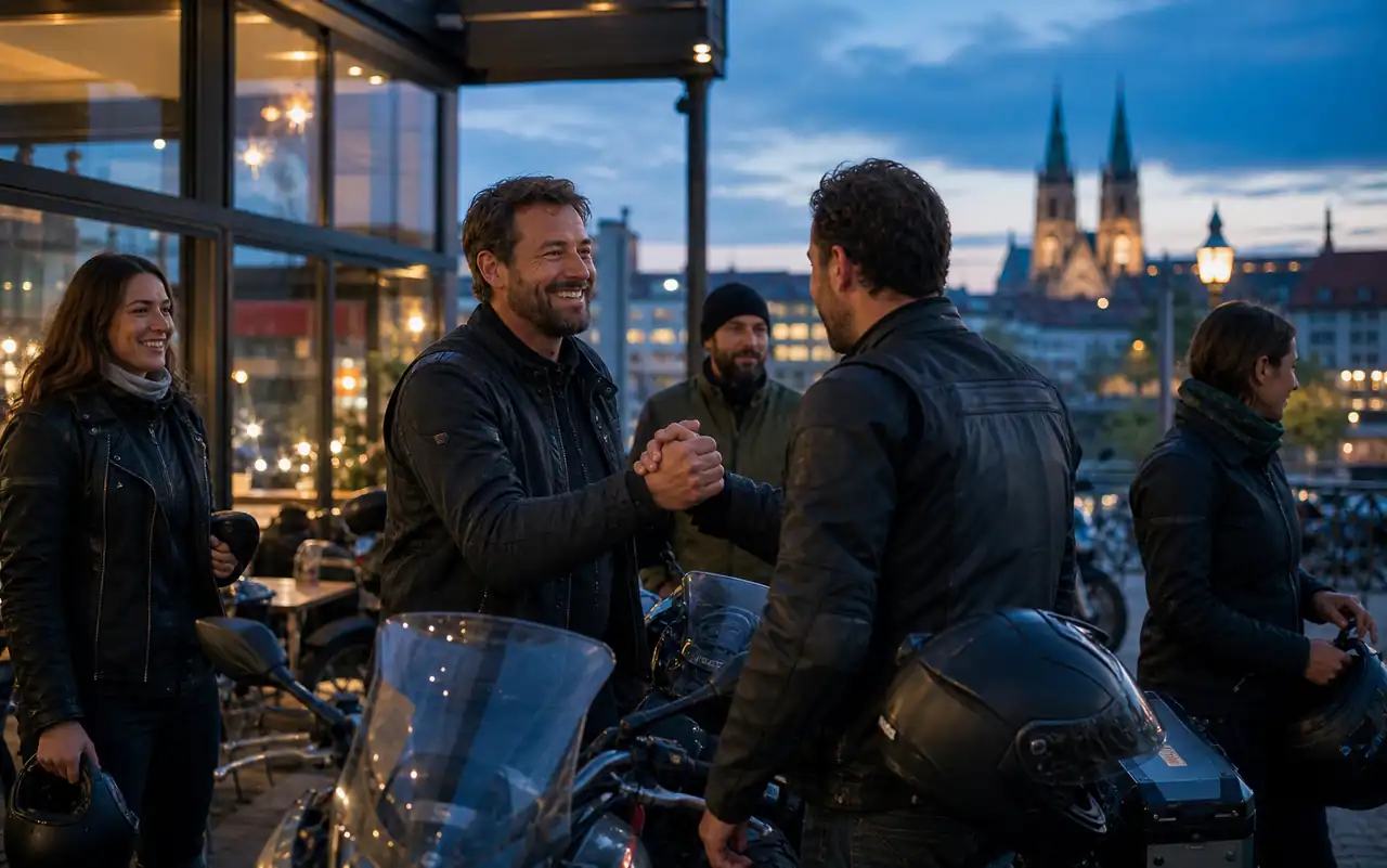 AI-generated editorial scene for IsarBiker meet-up in München