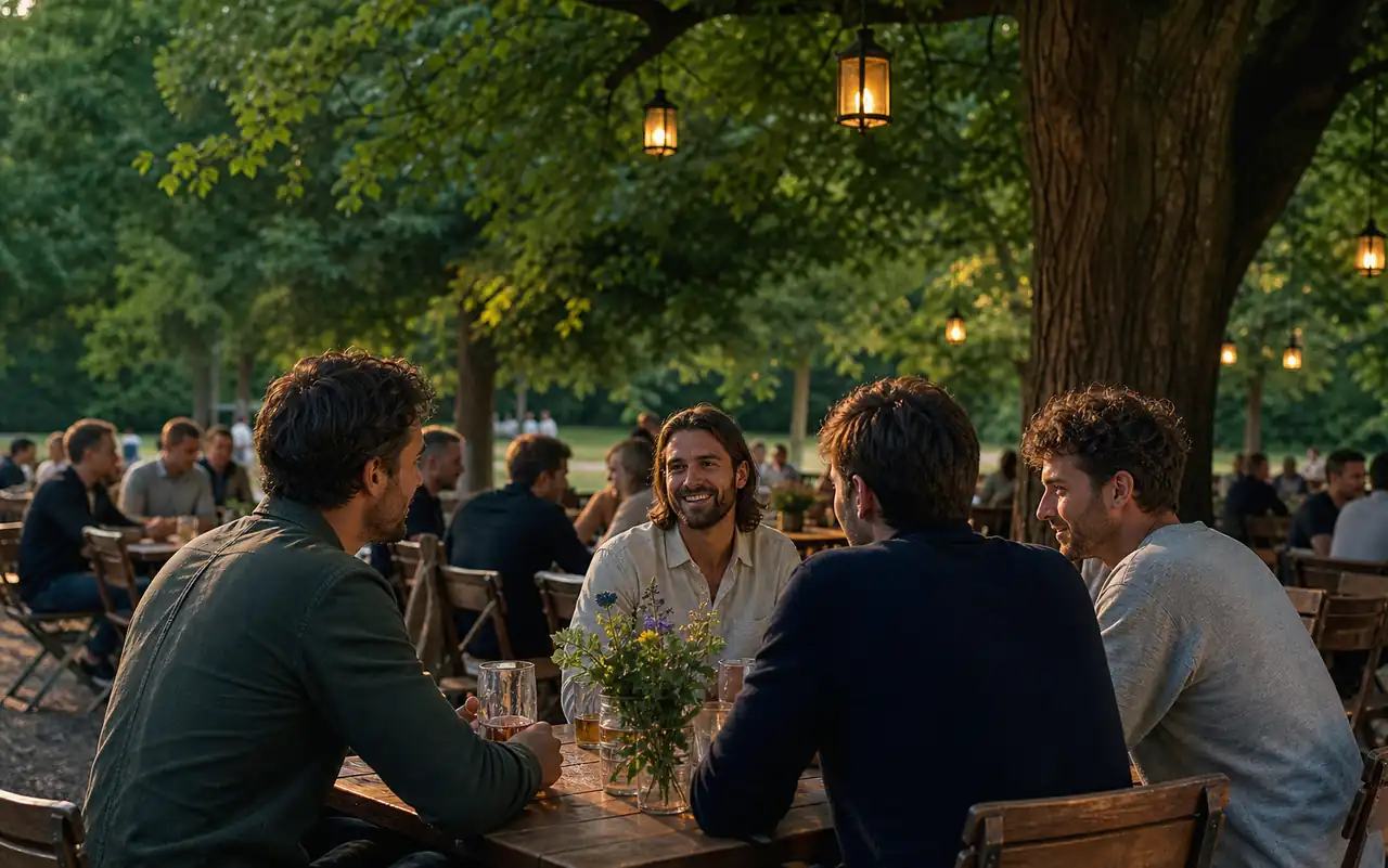 AI-generated editorial scene for MLC beer-garden evening at Bavariapark in München