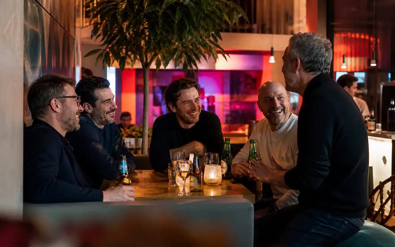 AI-generated editorial scene for MLC social evening at CAMP in München