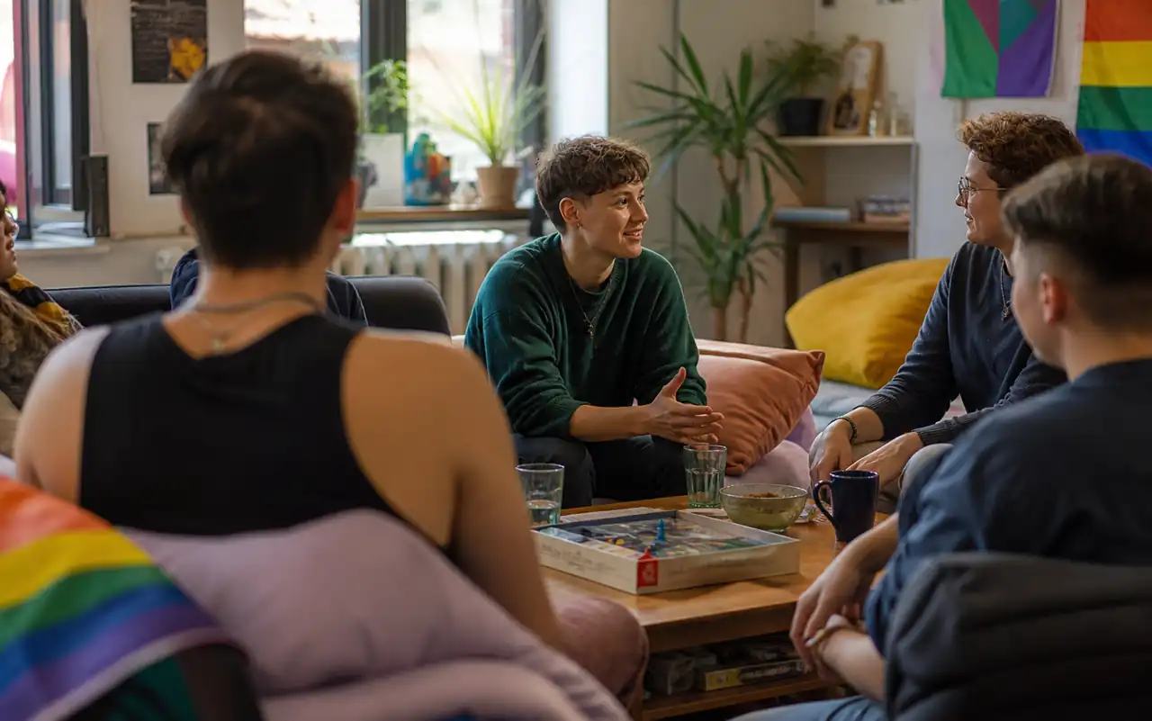 AI-generated editorial scene for Queer youth meet-up in Obernburg in Bayernweit