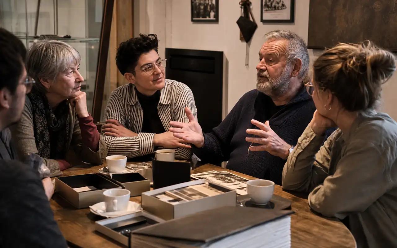 AI-generated editorial scene for Storytelling café: Untold – Queer stories from the Allgäu in Kempten